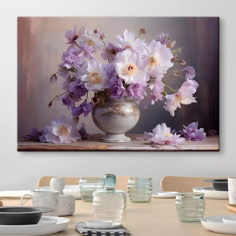 Fototapete Blumenstillleben: weiße und violette Blumen im künstlerischen Stil s45058