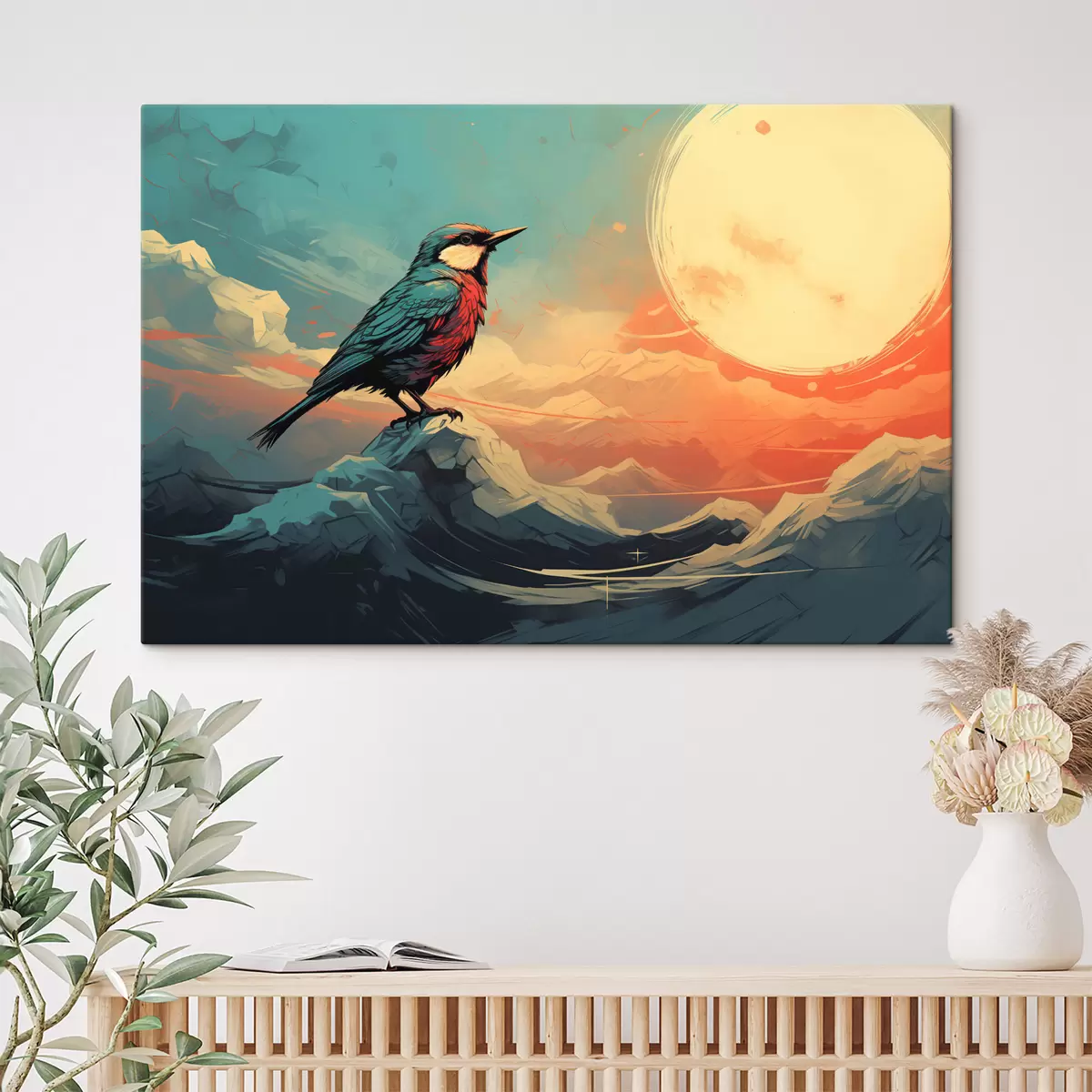 Fototapete Künstlerische Landschaft mit Vogel und leuchtendem Himmel s45060