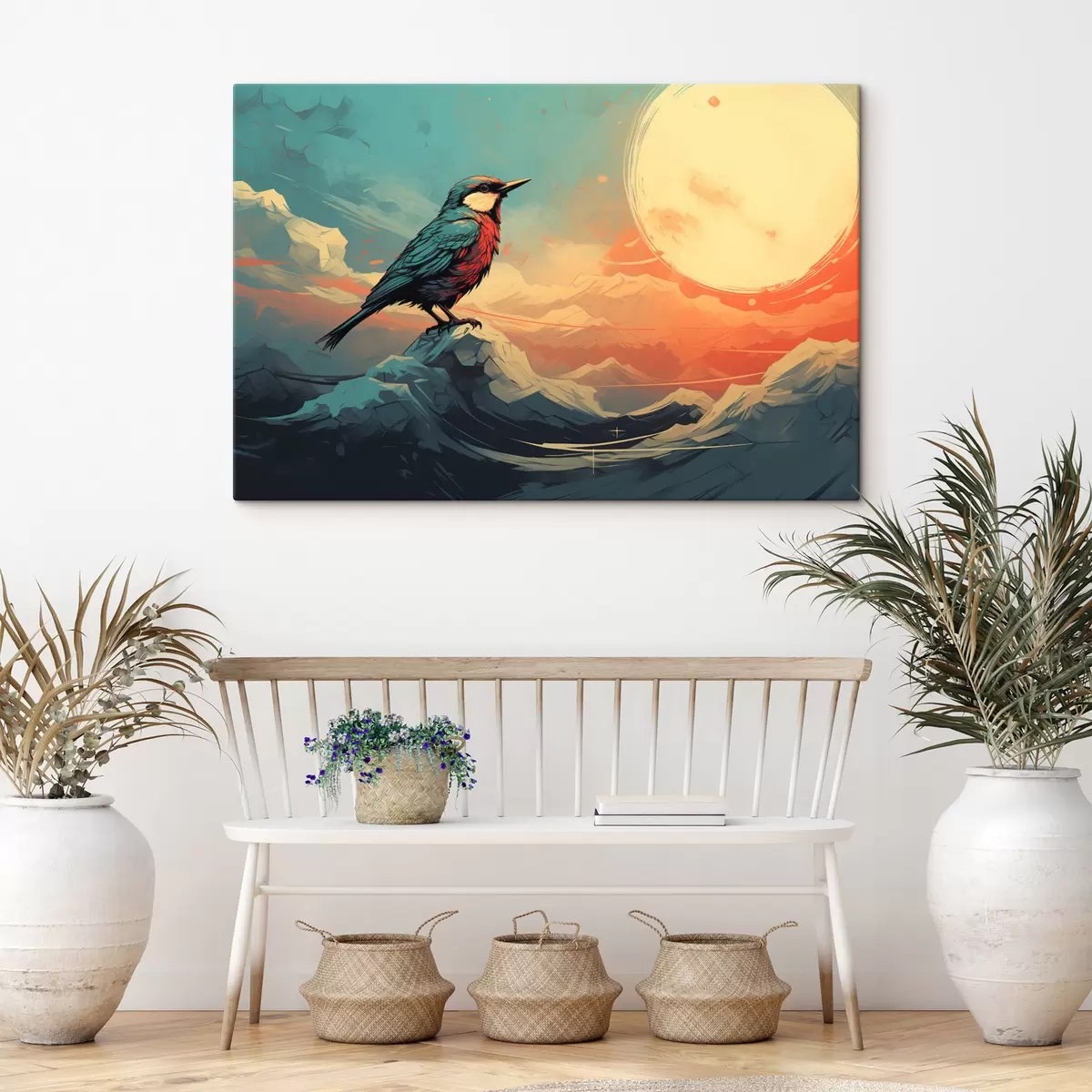 Fototapete Künstlerische Landschaft mit Vogel und leuchtendem Himmel s45060
