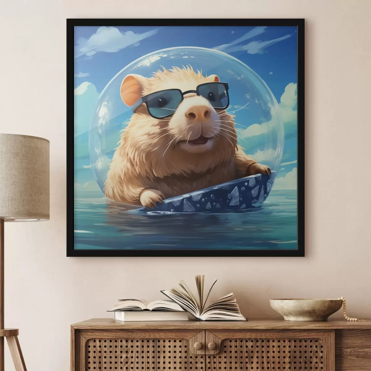 Poster Fröhliches Wasserschwein in einer durchsichtigen Blase auf dem Wasser f45029