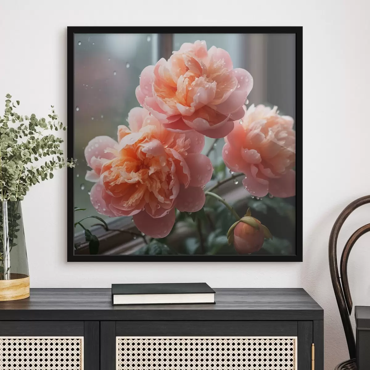 Poster Drei Pfingstrosen mit Tau im Morgenlicht f45033