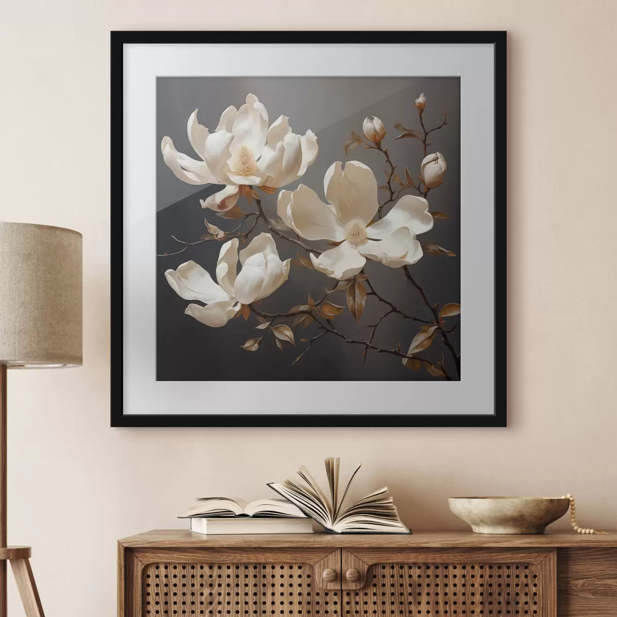 Poster Weiße Magnolien auf dunklem Hintergrund im malerischen Stil f45038