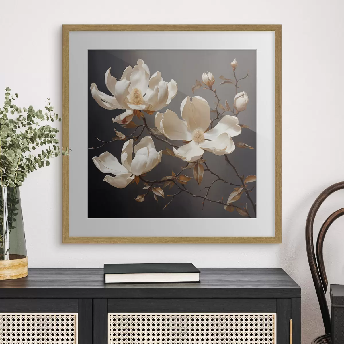 Poster Weiße Magnolien auf dunklem Hintergrund im malerischen Stil f45038