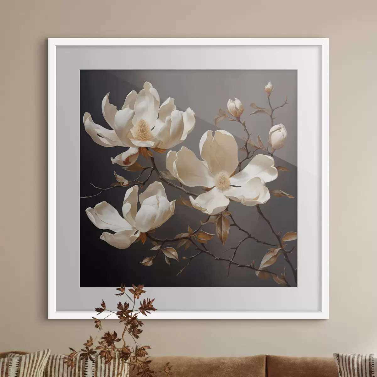 Poster Weiße Magnolien auf dunklem Hintergrund im malerischen Stil f45038