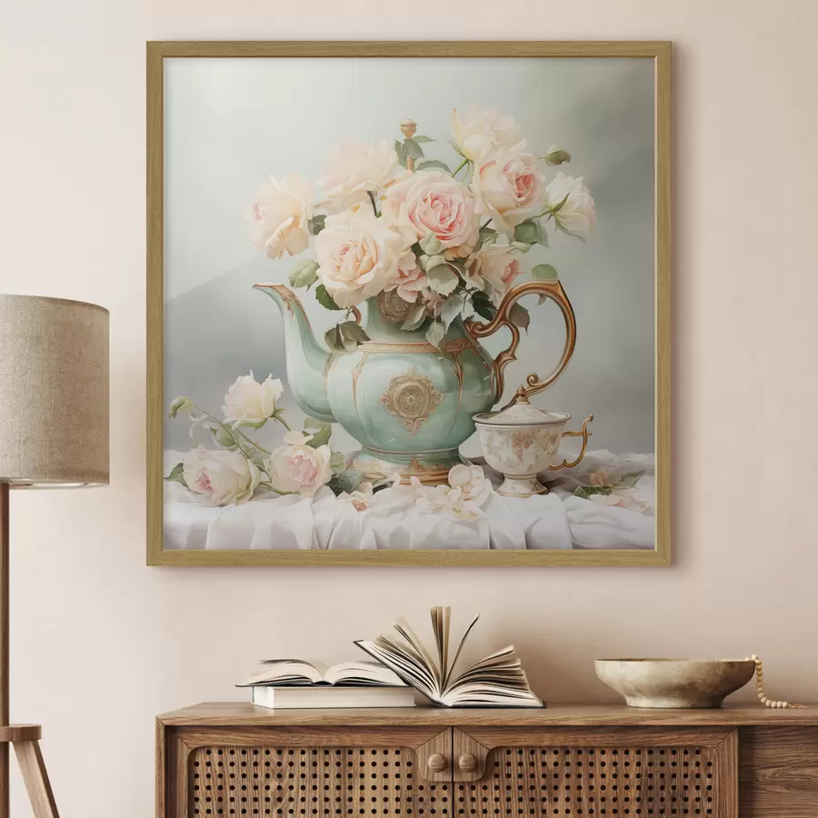 Fototapete Stilleben mit zarten Rosen in einem Teeservice f45045