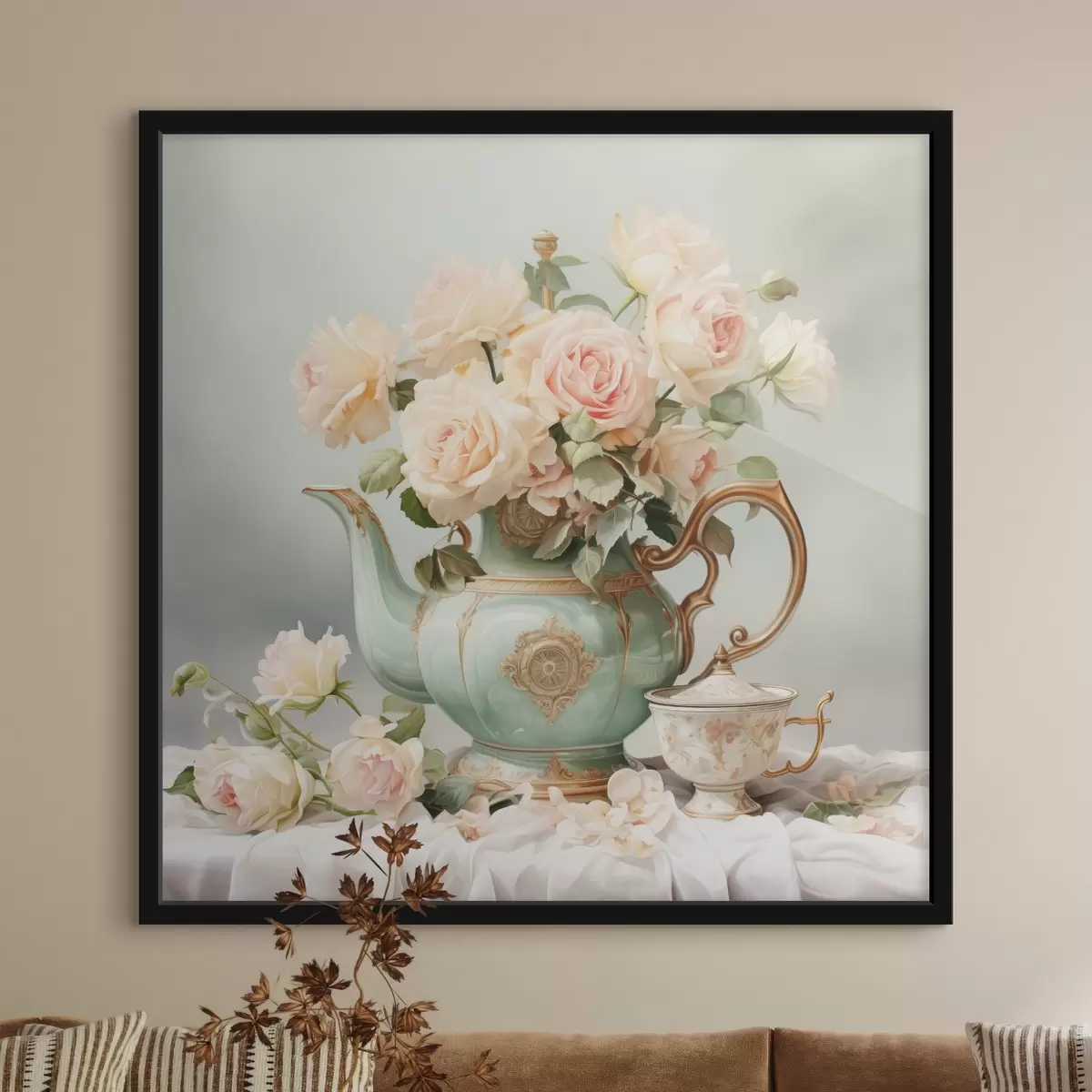Poster Stilleben mit zarten Rosen in einem Teeservice f45045