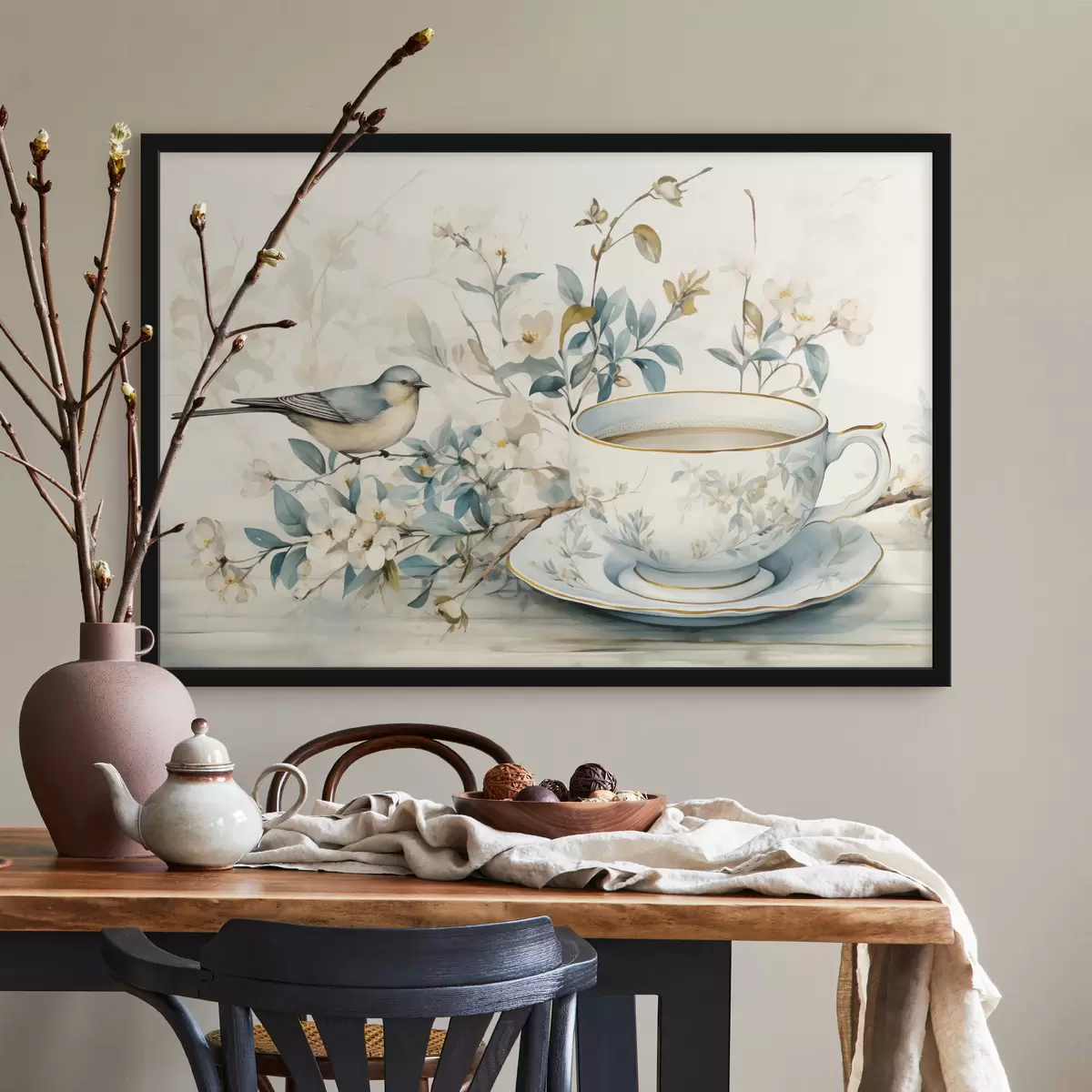 Poster Vogel auf einem Zweig mit Blumen in der Nähe einer Tasse in Pastelltönen f45047