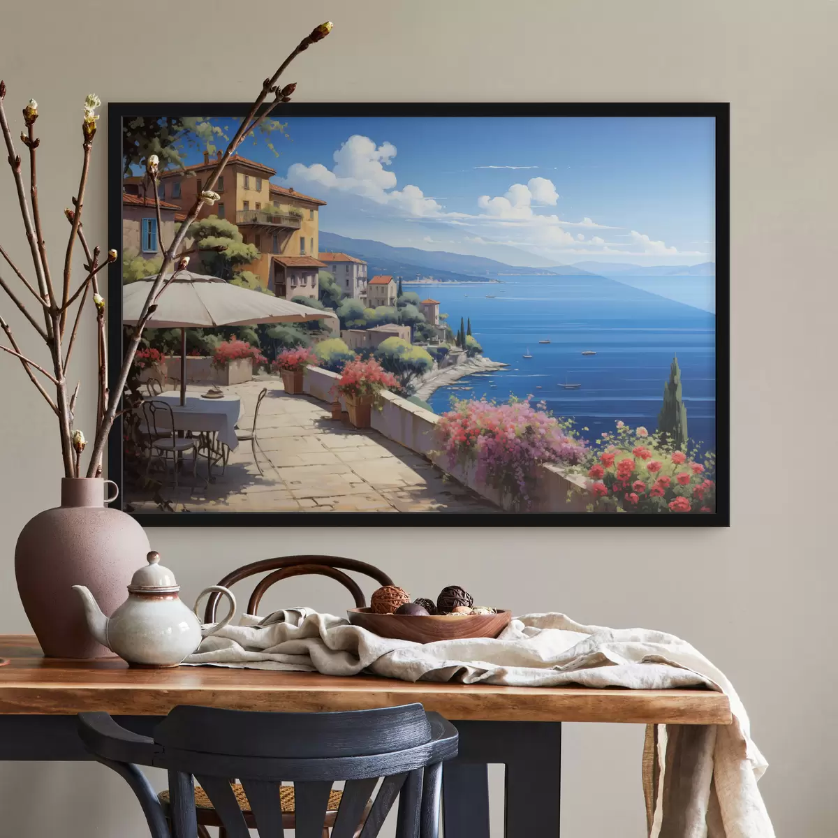 Poster Mediterrane Landschaft mit blühender Terrasse im künstlerischen Stil f45053