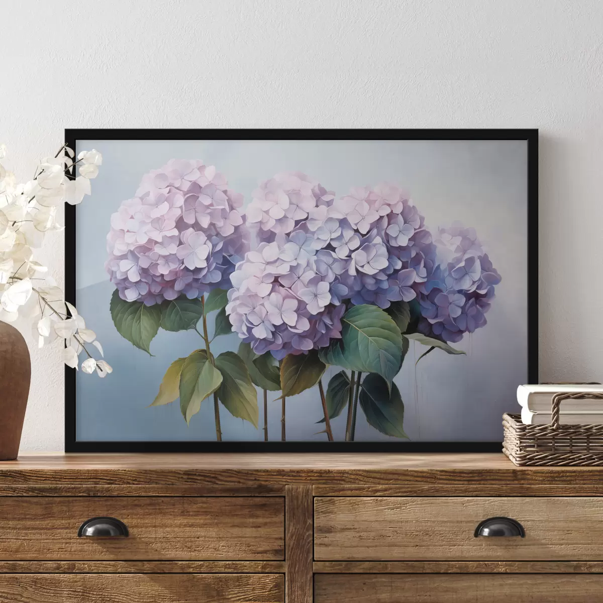 Poster Rosa und fliederfarbene Hortensien im malerischen Stil f45055