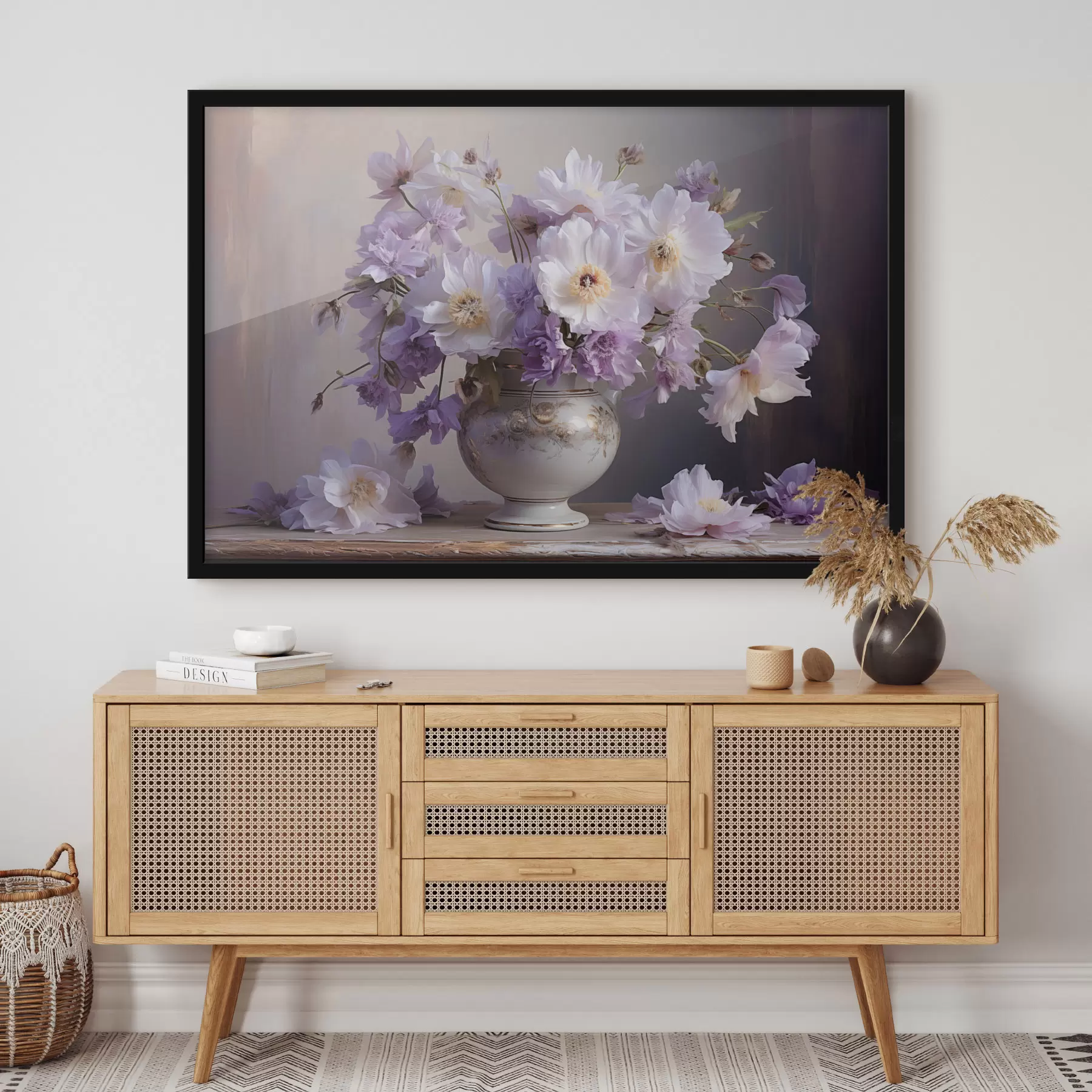 Fototapete Blumenstillleben: weiße und violette Blumen im künstlerischen Stil f45058