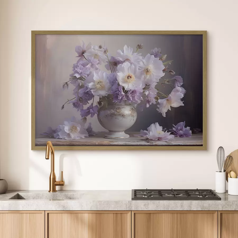 Fototapete Blumenstillleben: weiße und violette Blumen im künstlerischen Stil f45058
