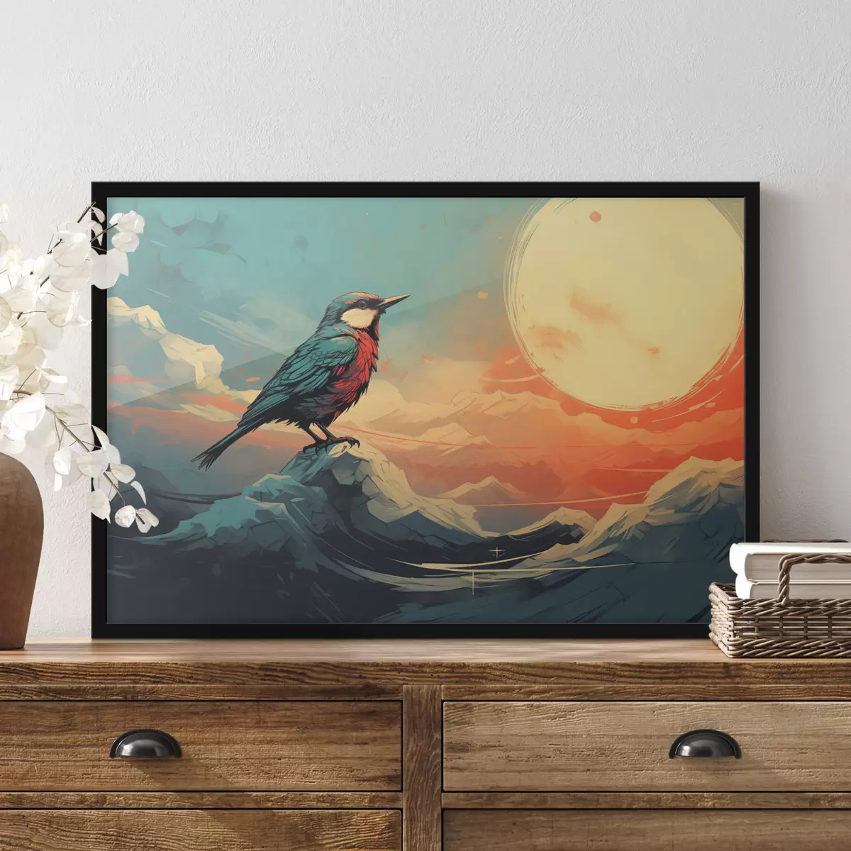 Poster Künstlerische Landschaft mit Vogel und leuchtendem Himmel f45060
