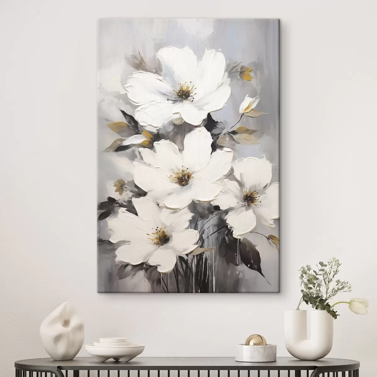 Fototapete Weiße Blumen: volumetrische Malerei auf grauem Hintergrund s45252