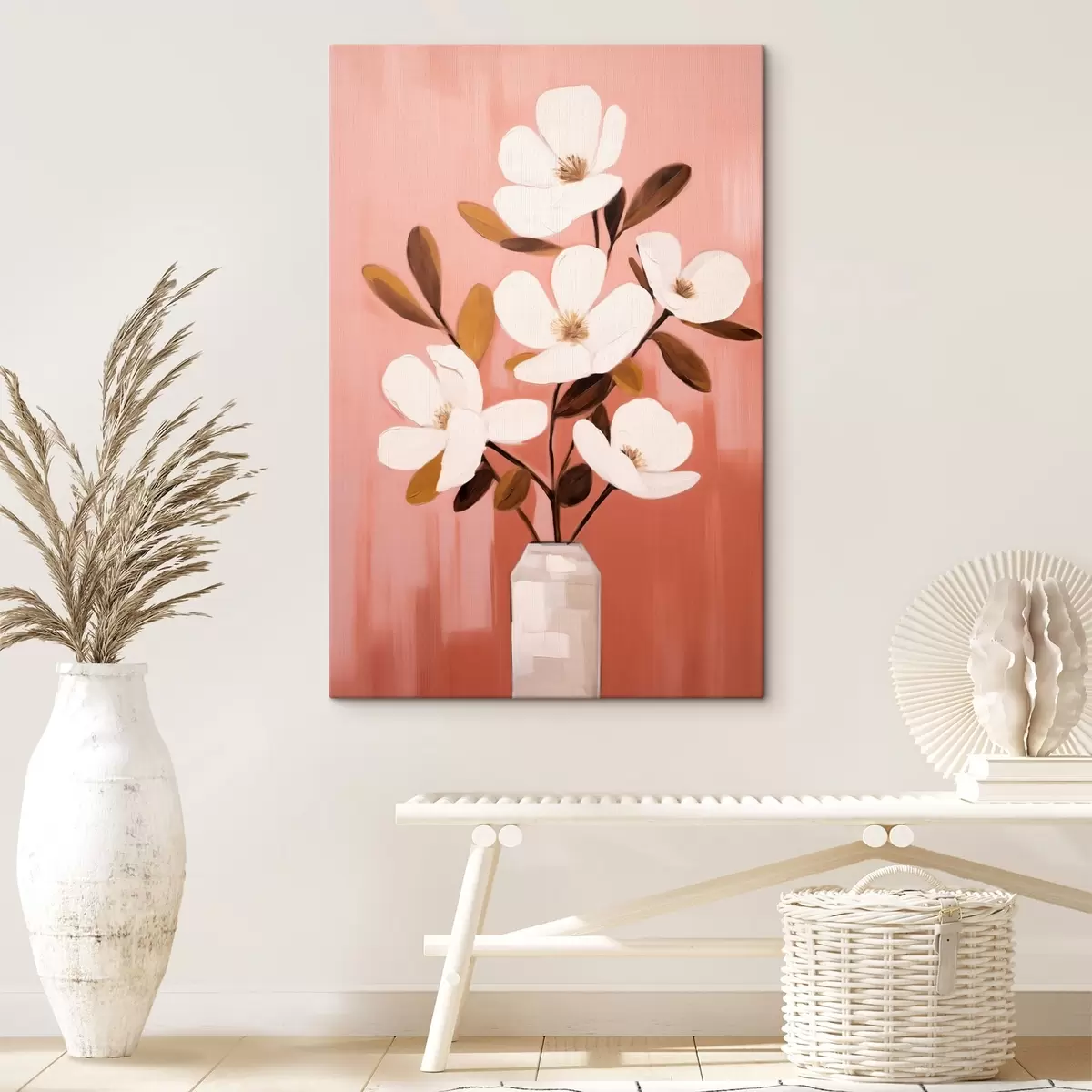 Fototapete Weiße Magnolien in einer weißen Vase: minimalistische Blumenmalerei s45254