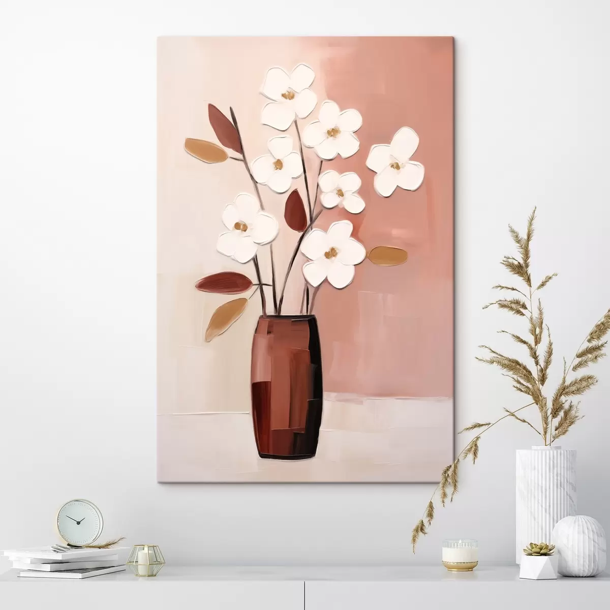 Fototapete Weiße Blumen in einer dunklen Vase: moderne Blumenmalerei s45255