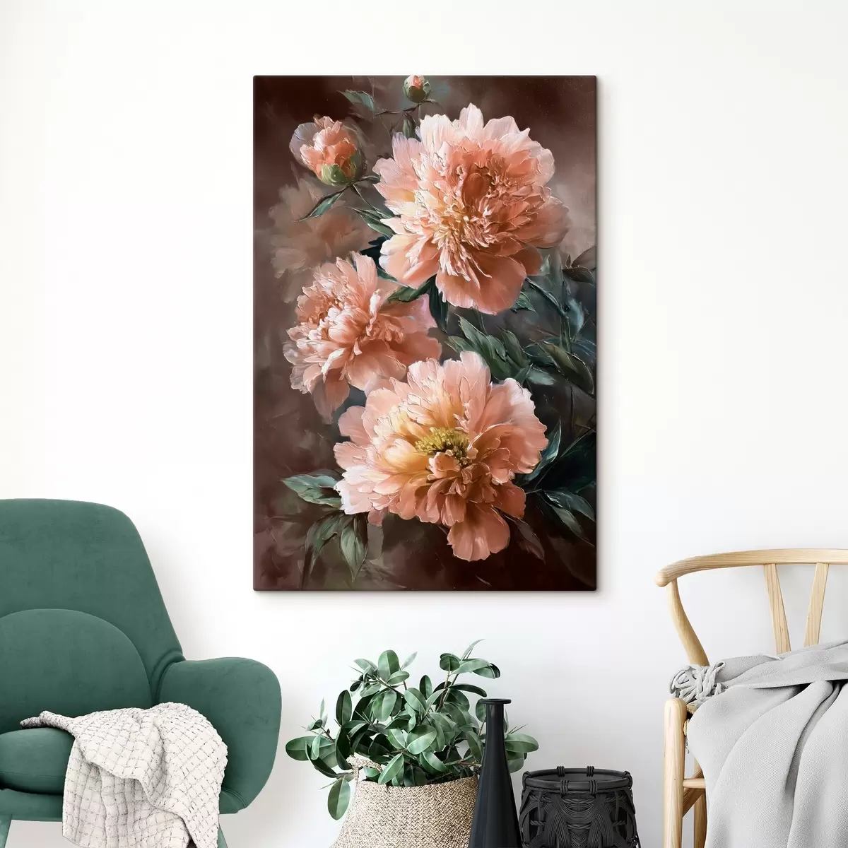Fototapete Blumenstrauß aus rosa Pfingstrosen mit fetten Strichen auf dunklem Hintergrund s45260