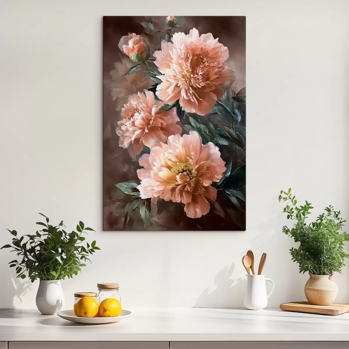 Fototapete Üppige rosa Pfingstrosen auf einem warmtonigen Hintergrund im Pinselstrich-Stil s45260