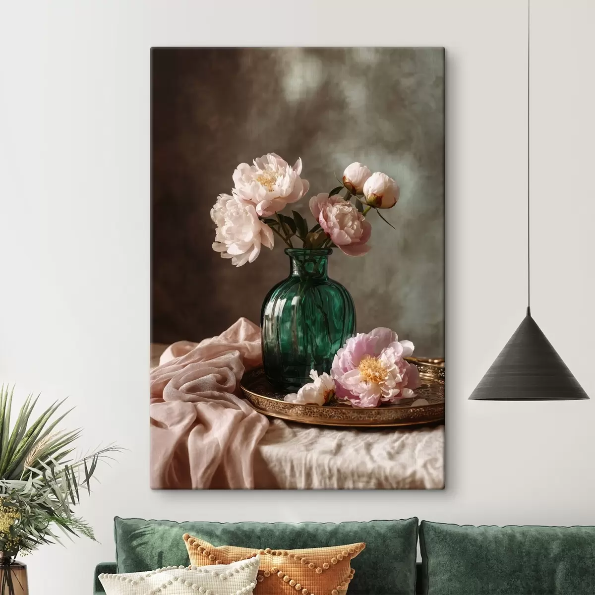 Fototapete Zartrosa Pfingstrosen in einer smaragdgrünen Vase s45261