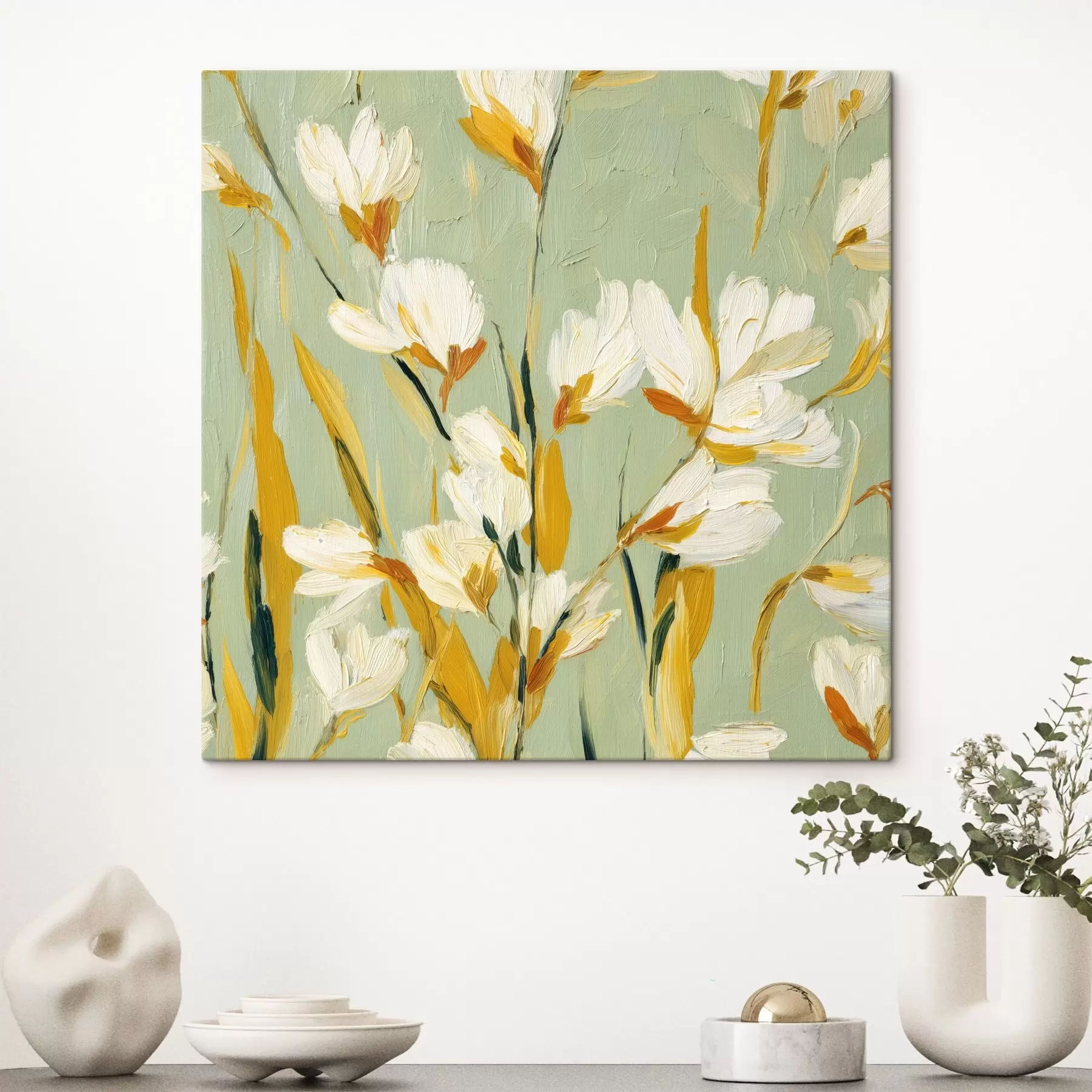 Fototapete Weiße Blumen mit gelben Akzenten auf einem mintfarbenen Hintergrund im Pinselstrich-Stil s45264