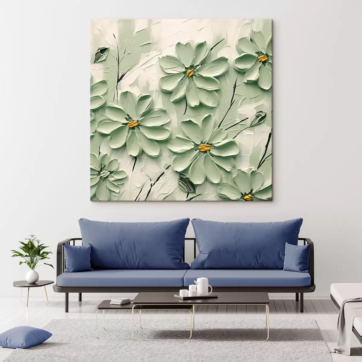 Fototapete Grüne Blumen mit gelben Zentren gemalt in dicken Pinselstrichen auf einem hellen Hintergrund s45265