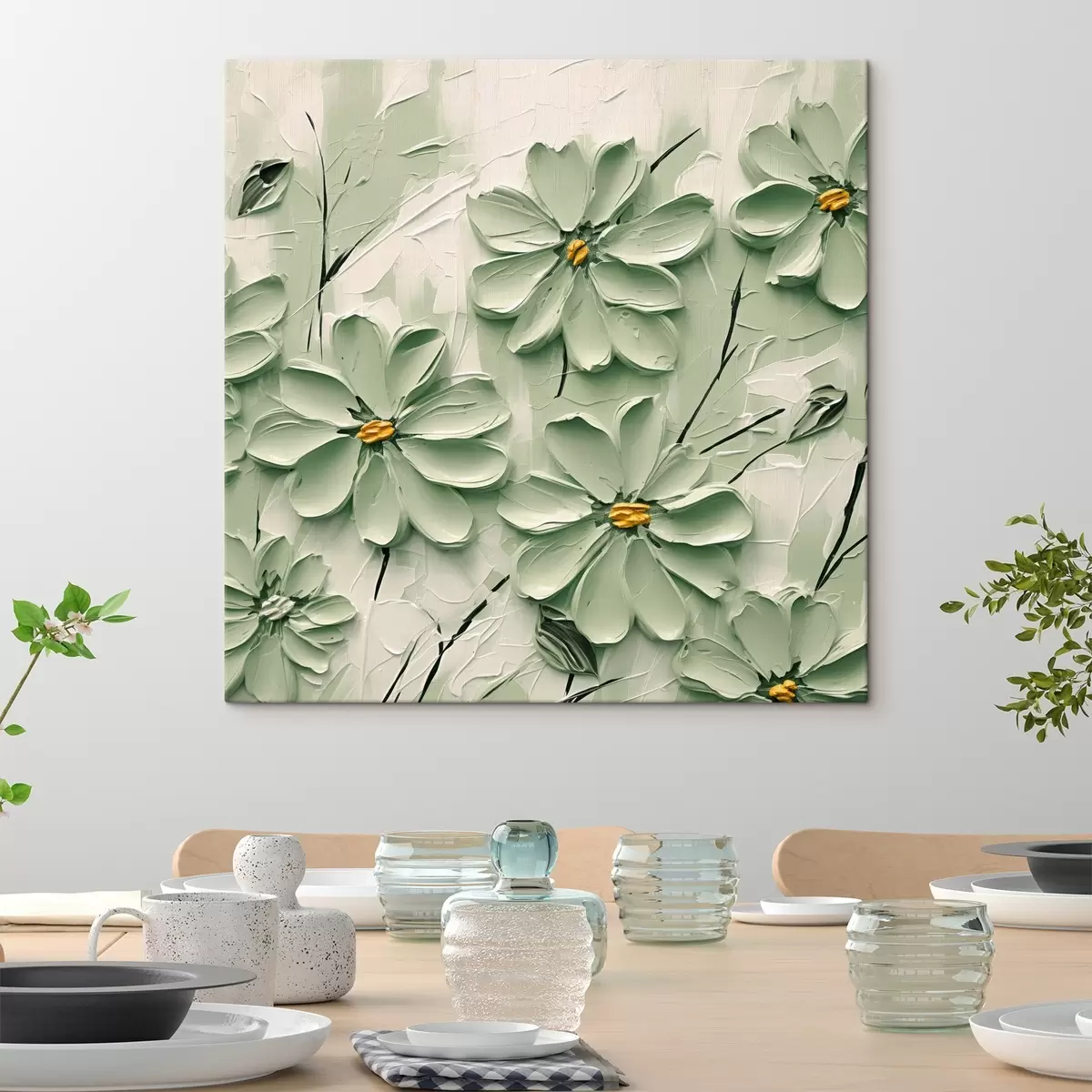 Fototapete Grüne Blumen mit gelben Zentren gemalt in dicken Pinselstrichen auf einem hellen Hintergrund s45265