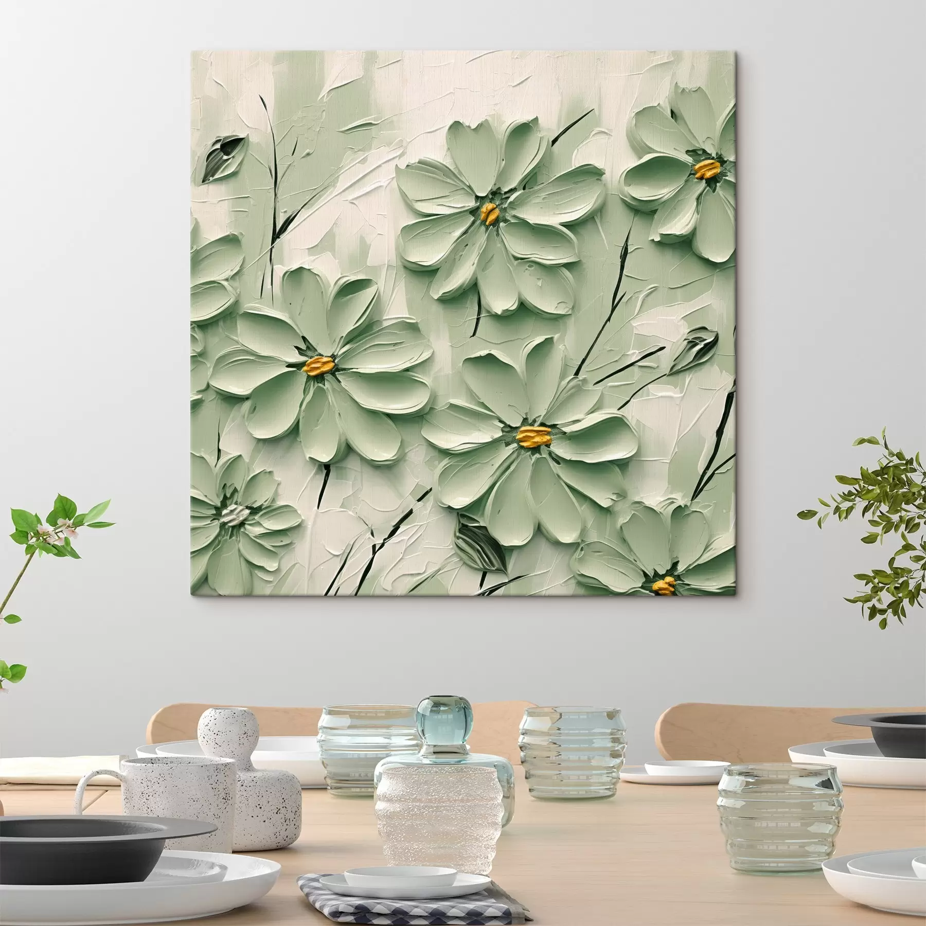 Fototapete Grüne Blumen mit gelben Zentren gemalt in dicken Pinselstrichen auf einem hellen Hintergrund s45265