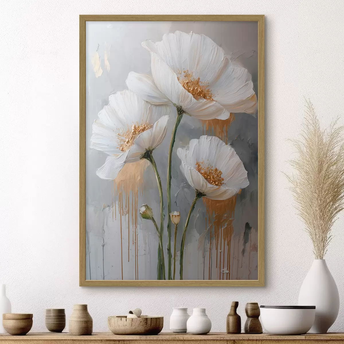 Poster Weiße Gänseblümchen: volumetrische Malerei auf blauem Hintergrund f45240