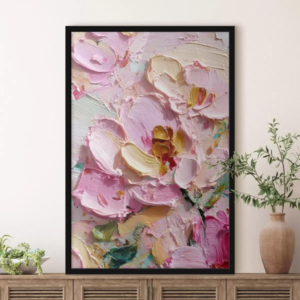 Poster Rosa Magnolien: Strukturierte Malerei mit dimensionalen Strichen f45249