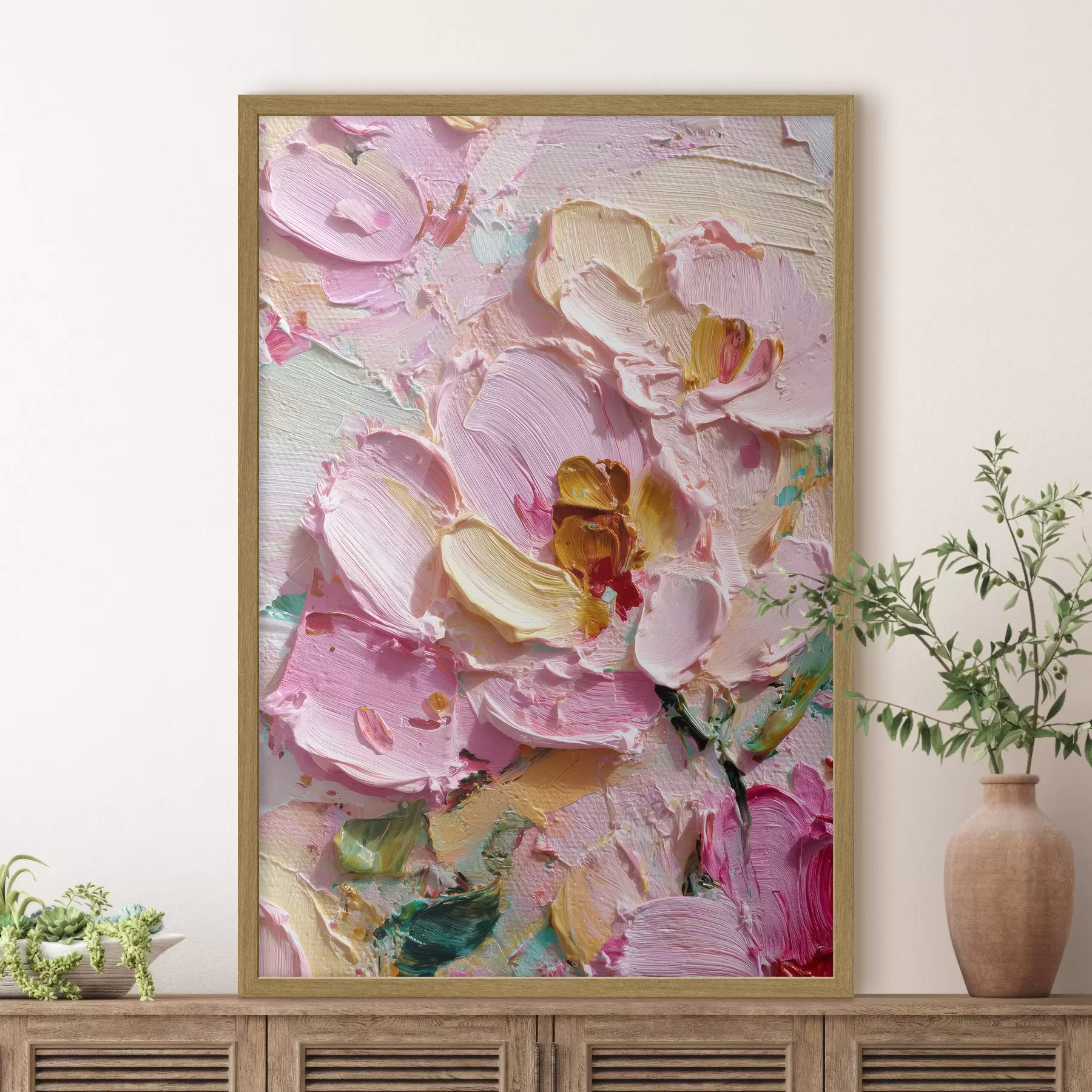 Fototapete Rosa Magnolien: Strukturierte Malerei mit dimensionalen Strichen f45249