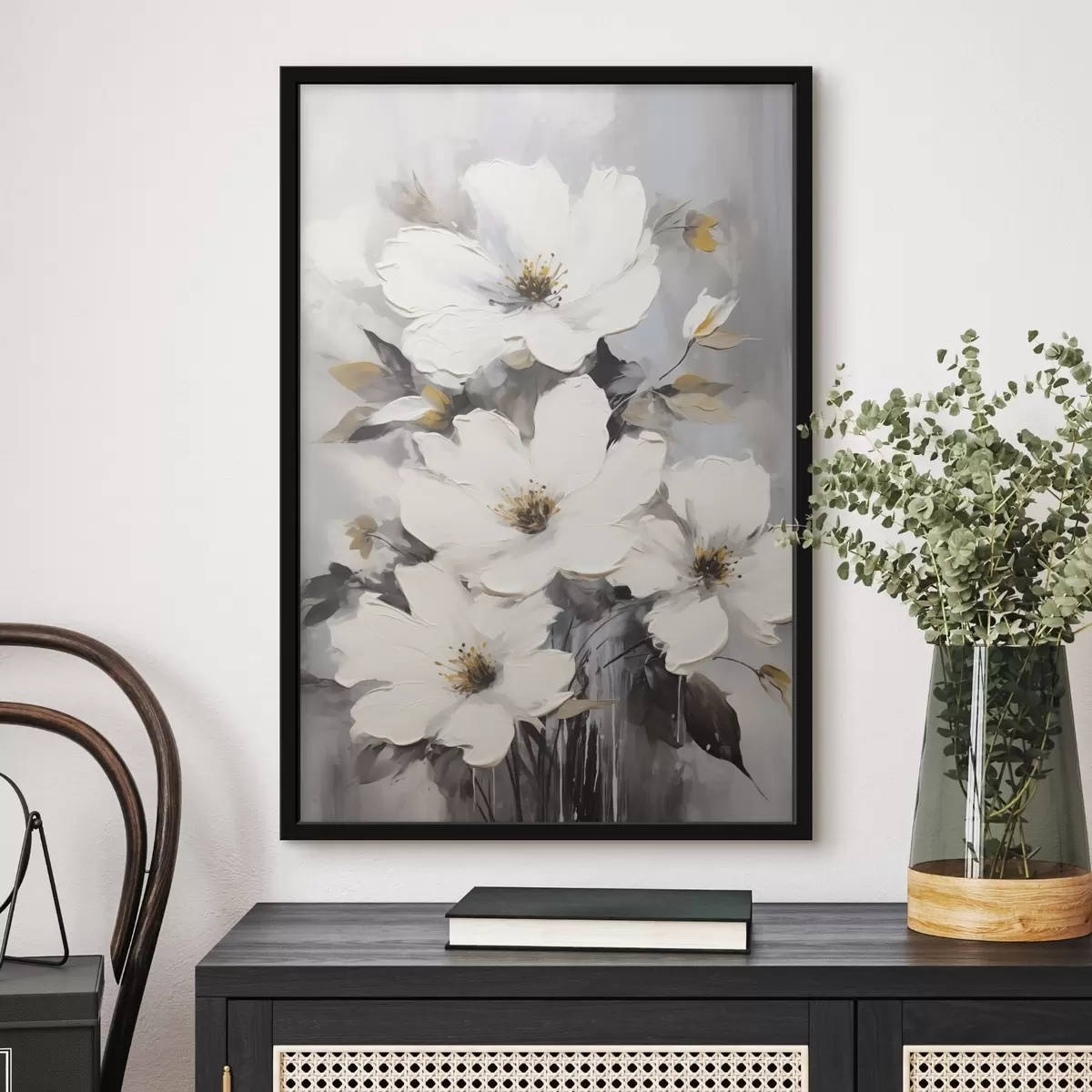 Poster Weiße Blumen: volumetrische Malerei auf grauem Hintergrund f45252