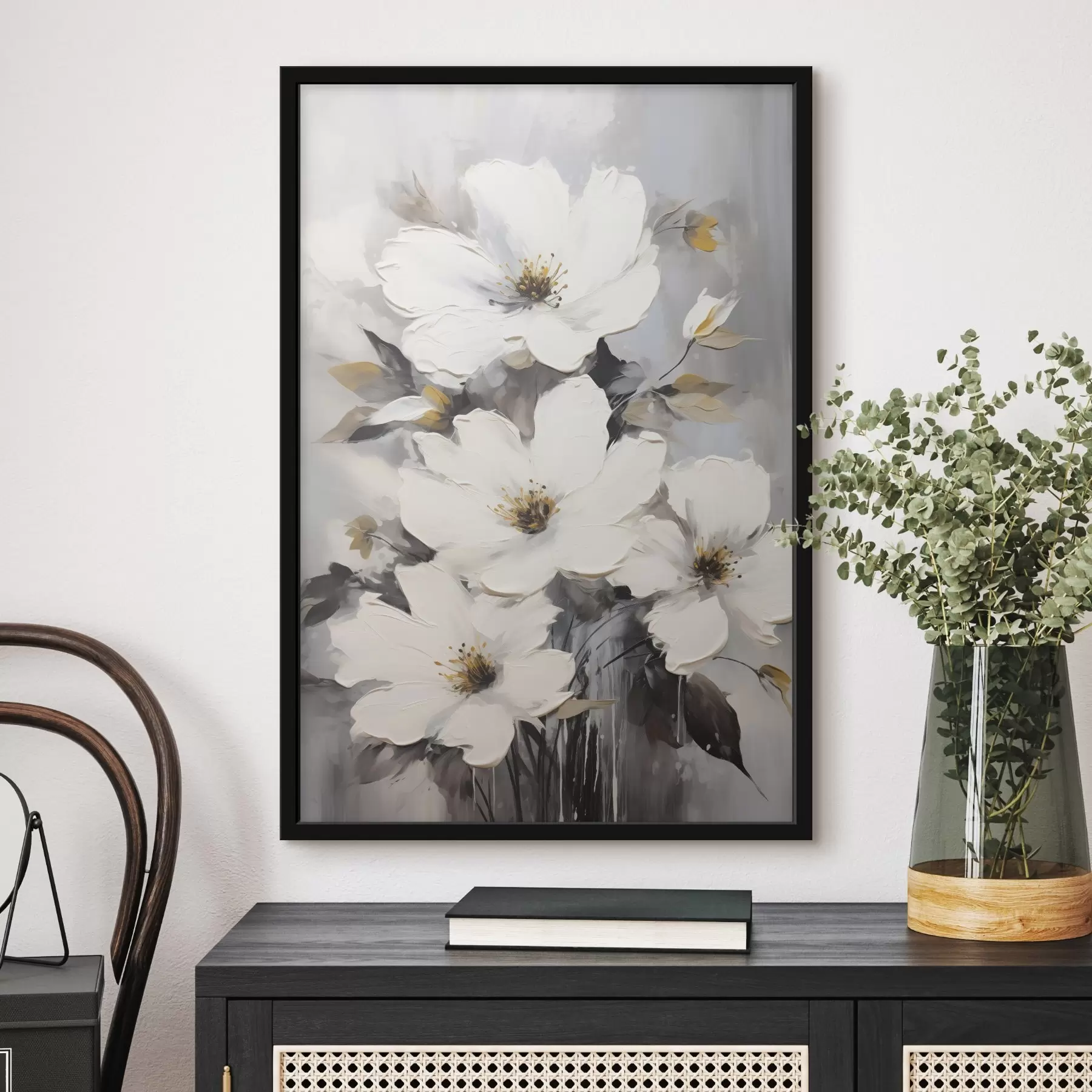 Fototapete Weiße Blumen: volumetrische Malerei auf grauem Hintergrund f45252
