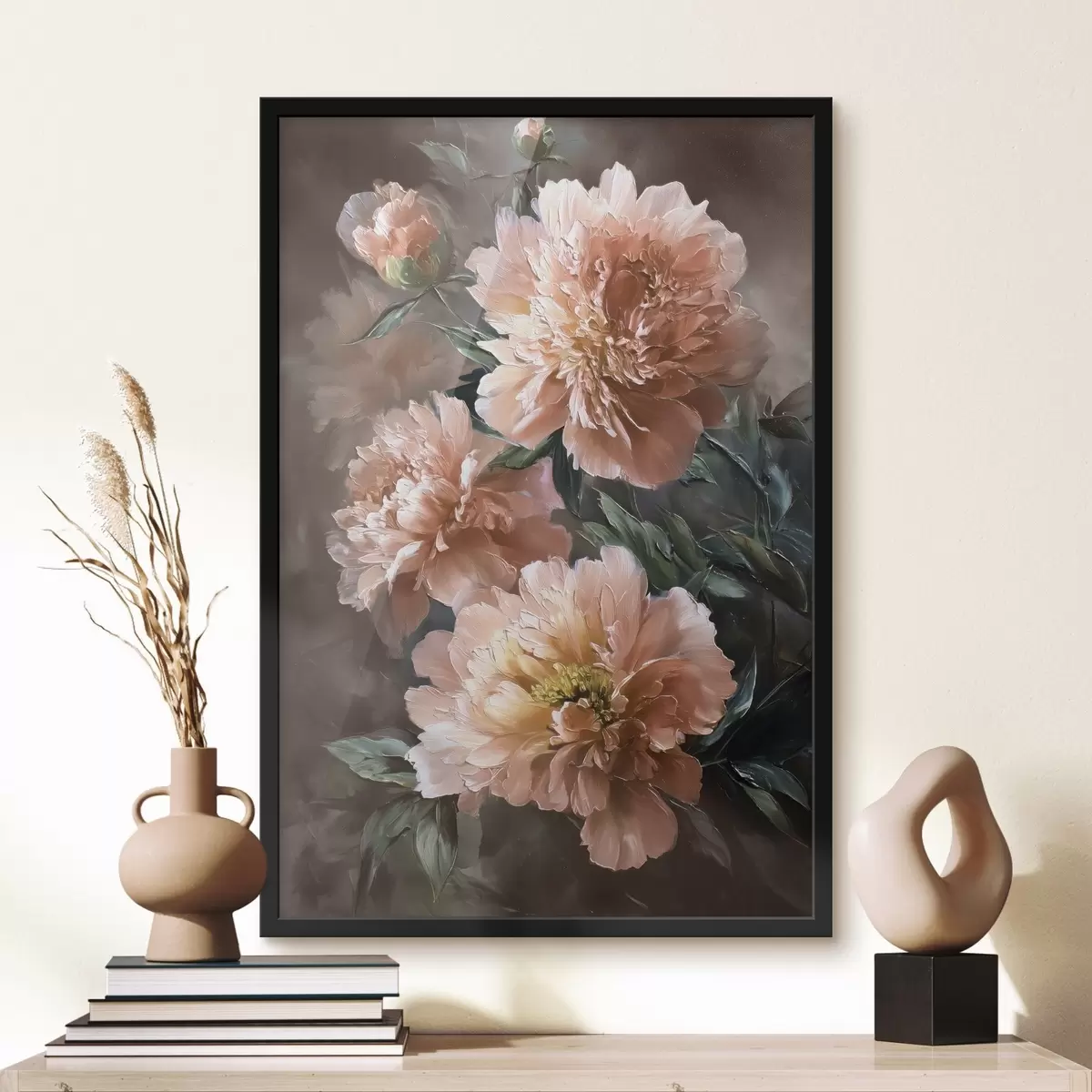 Poster Blumenstrauß aus rosa Pfingstrosen mit fetten Strichen auf dunklem Hintergrund f45260