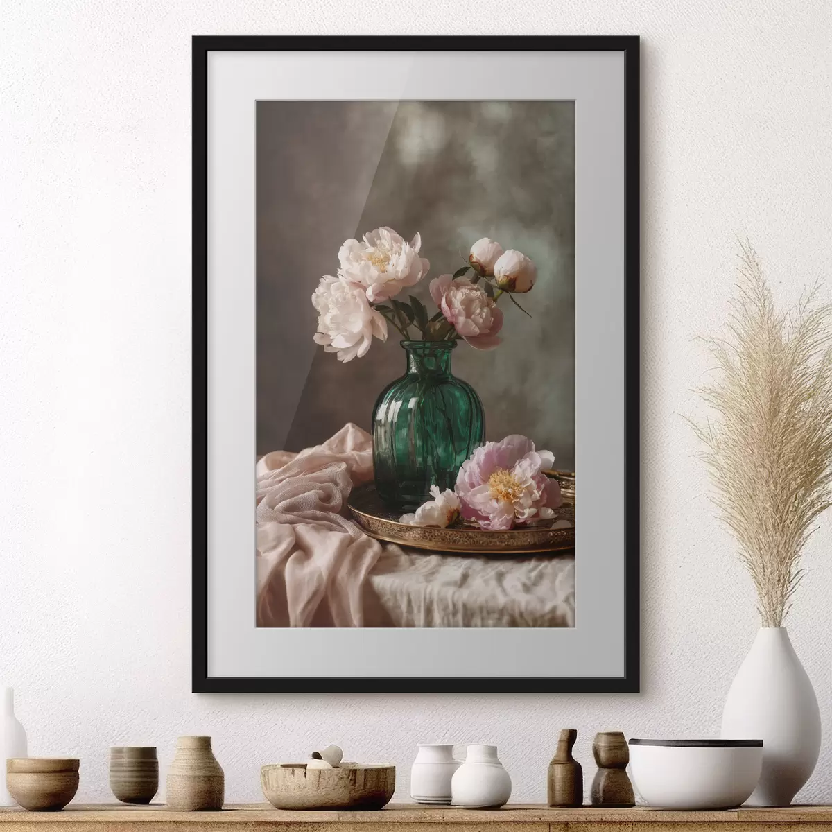 Poster Zartrosa Pfingstrosen in einer smaragdgrünen Vase f45261