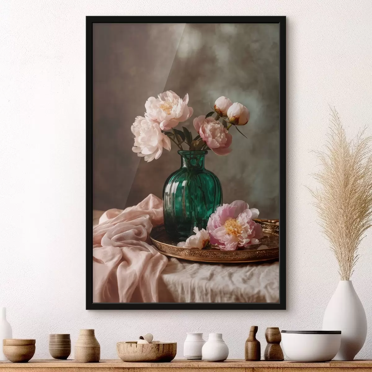 Poster Zartrosa Pfingstrosen in einer smaragdgrünen Vase f45261