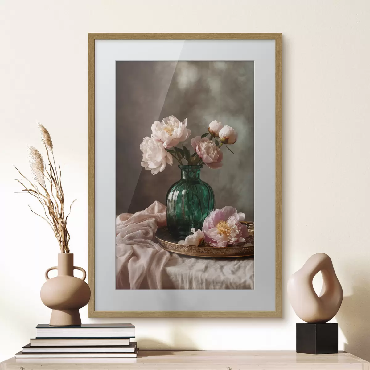 Poster Zartrosa Pfingstrosen in einer smaragdgrünen Vase f45261