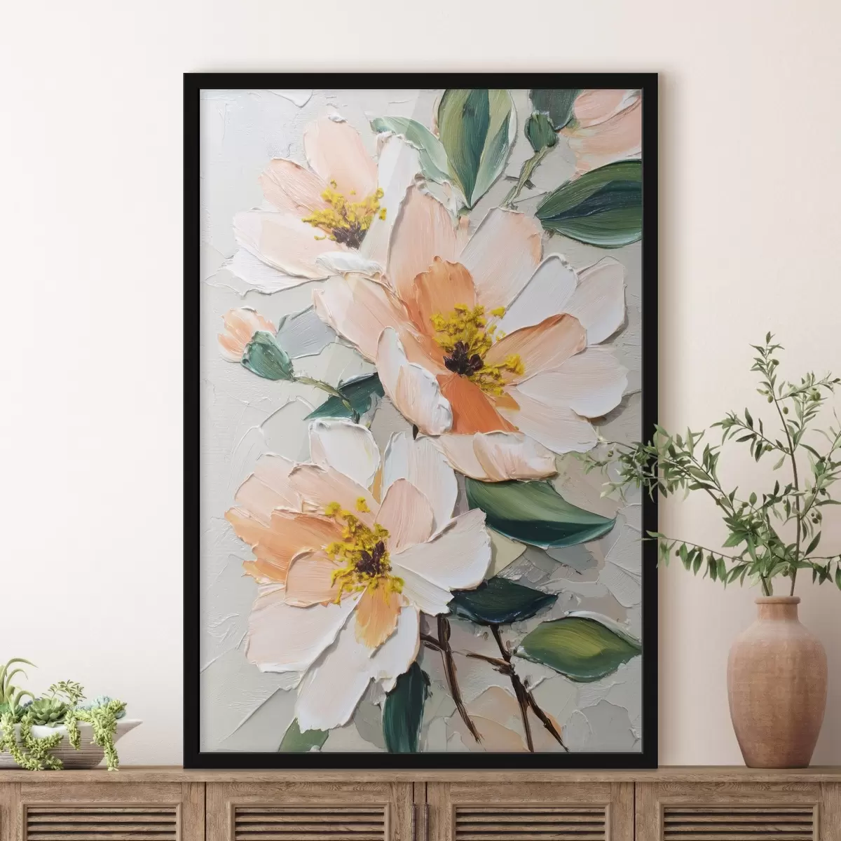 Poster Blüten mit weißen Blütenblättern und gelber Mitte f45262