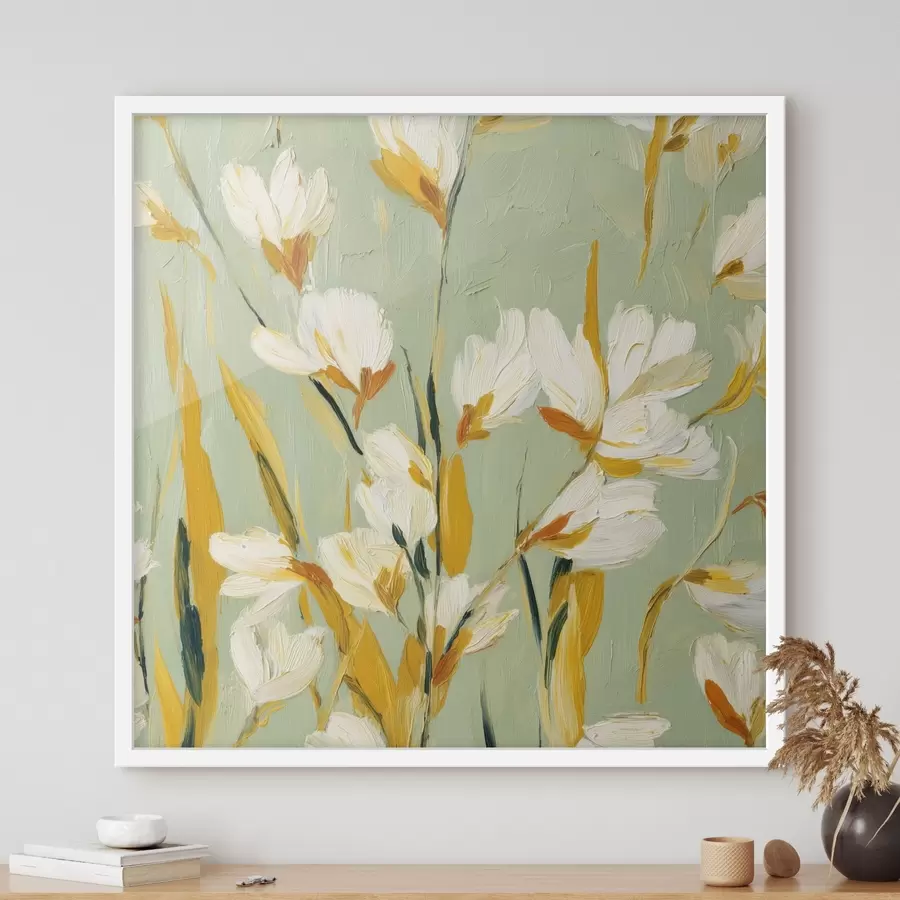Fototapete Weiße Blumen mit gelben Akzenten auf einem mintfarbenen Hintergrund im Pinselstrich-Stil f45264