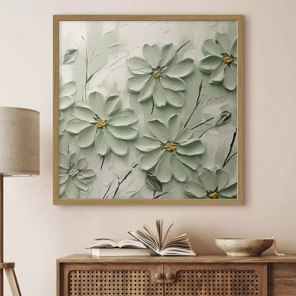 Poster Grüne Blumen mit gelben Zentren gemalt in dicken Pinselstrichen auf einem hellen Hintergrund f45265