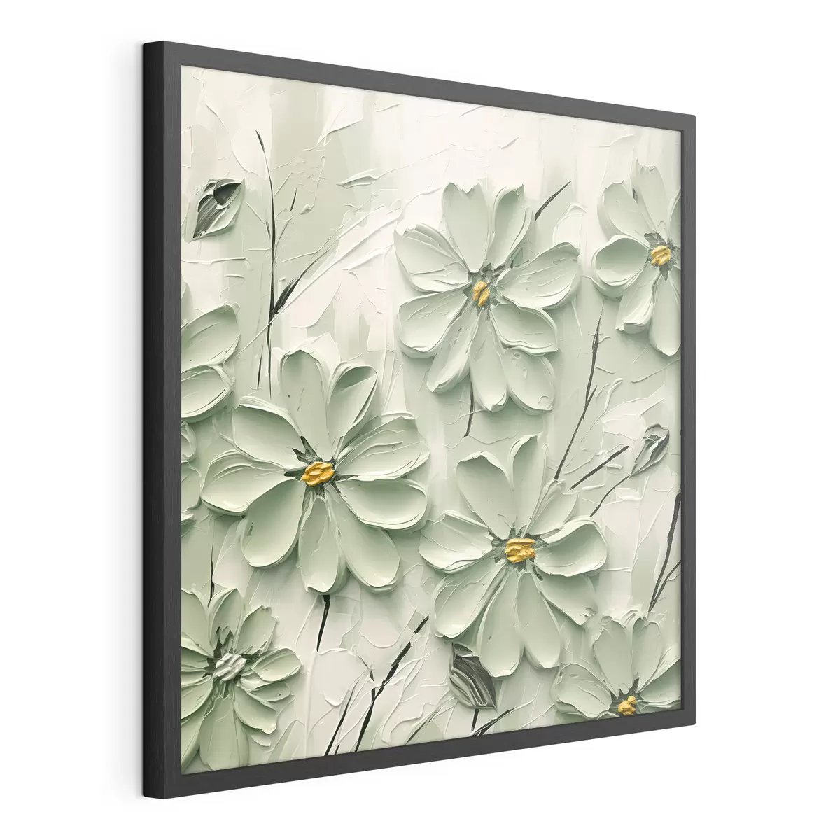 Poster Grüne Blumen mit gelben Zentren gemalt in dicken Pinselstrichen auf einem hellen Hintergrund f45265