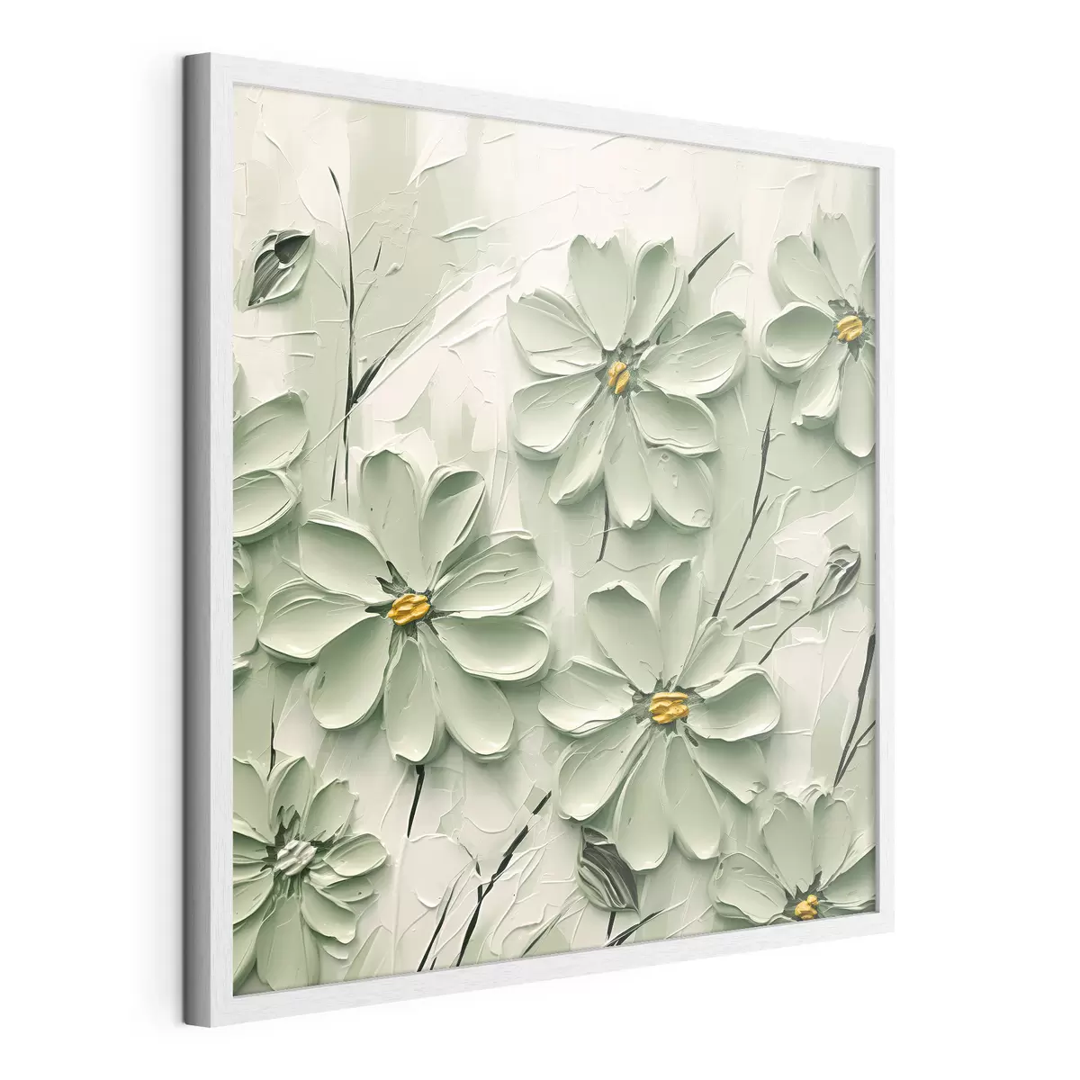 Poster Grüne Blumen mit gelben Zentren gemalt in dicken Pinselstrichen auf einem hellen Hintergrund f45265