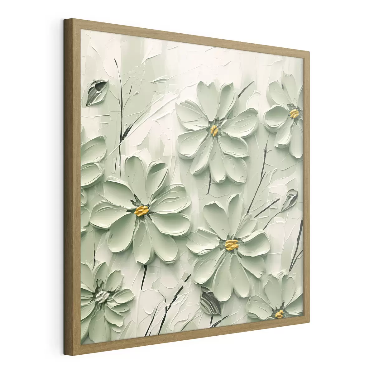 Poster Grüne Blumen mit gelben Zentren gemalt in dicken Pinselstrichen auf einem hellen Hintergrund f45265