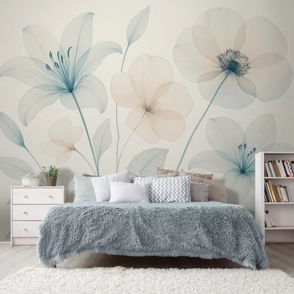 Fototapete Zarte Blumen in pastellblauem und cremefarbenem Aquarellstil w09287