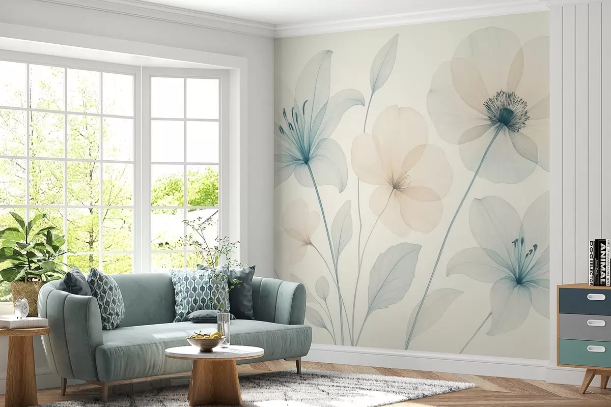 Fototapete Zarte Blumen in pastellblauem und cremefarbenem Aquarellstil w09287