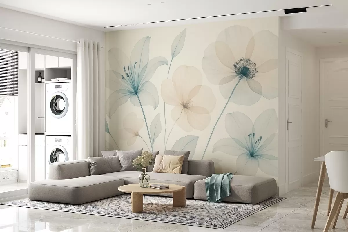 Fototapete Zarte Blumen in pastellblauem und cremefarbenem Aquarellstil w09287