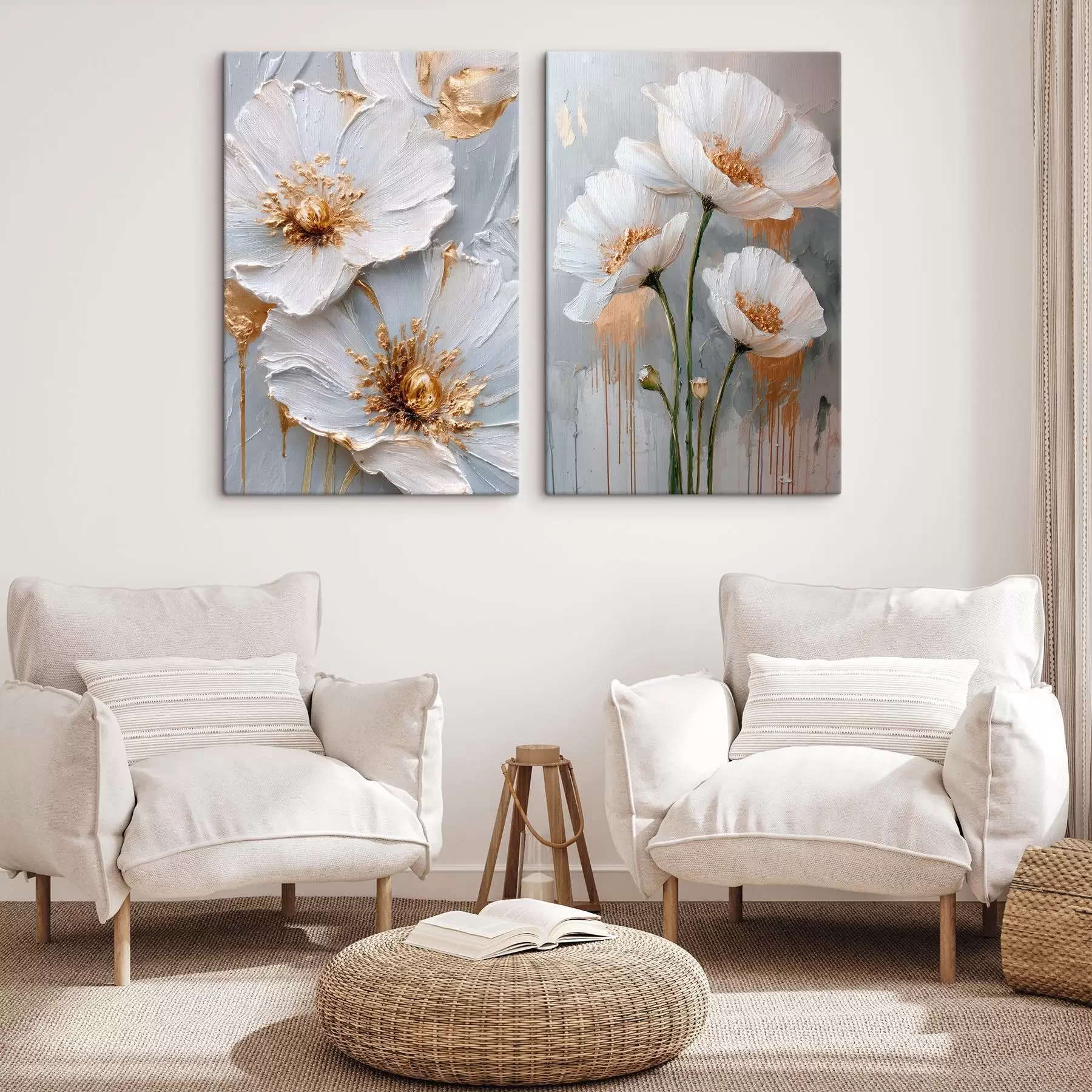 Fototapete Volumetrische Malerei von weißen Blumen mit gelben Akzenten auf grauem Hintergrund m00568