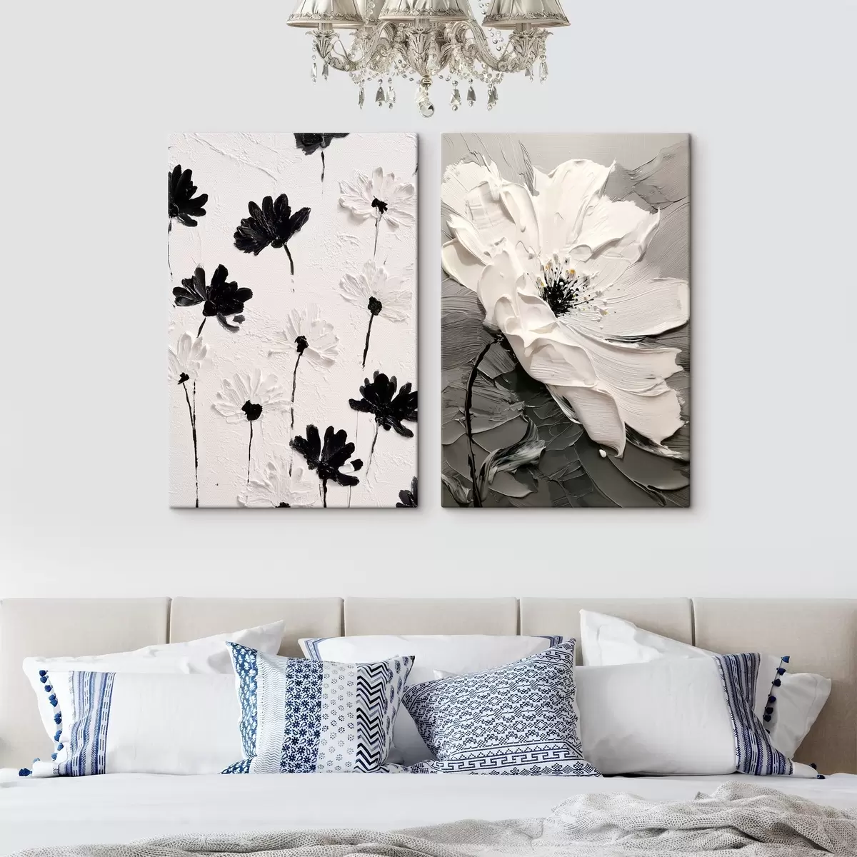 Fototapete Diptychon mit weißen und schwarzen Blumen in einem modernen Stil m00571