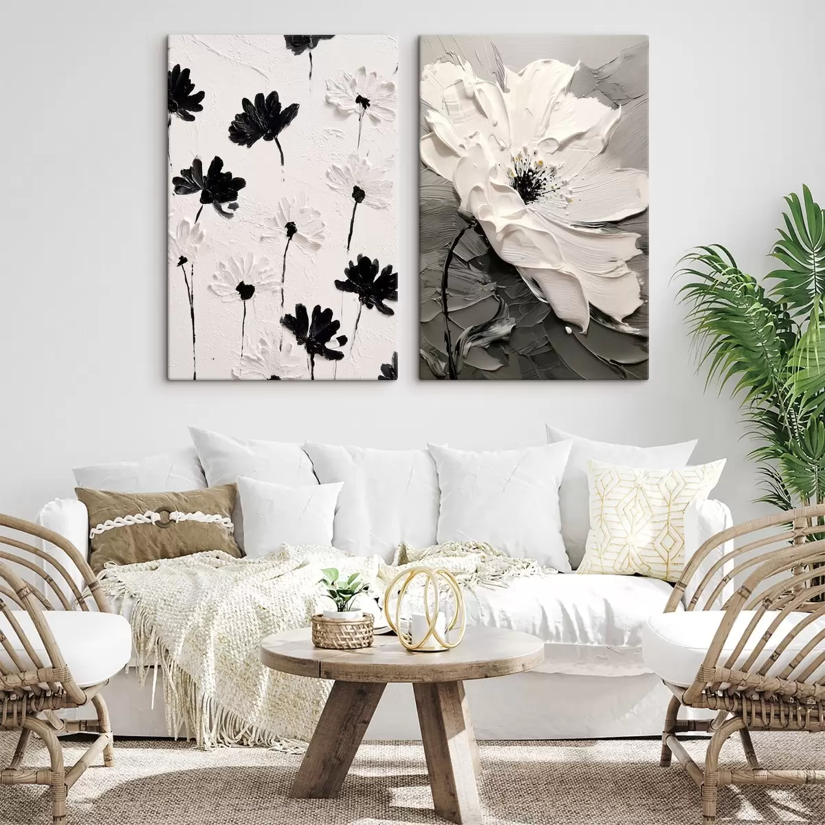 Fototapete Diptychon mit weißen und schwarzen Blumen in einem modernen Stil m00571