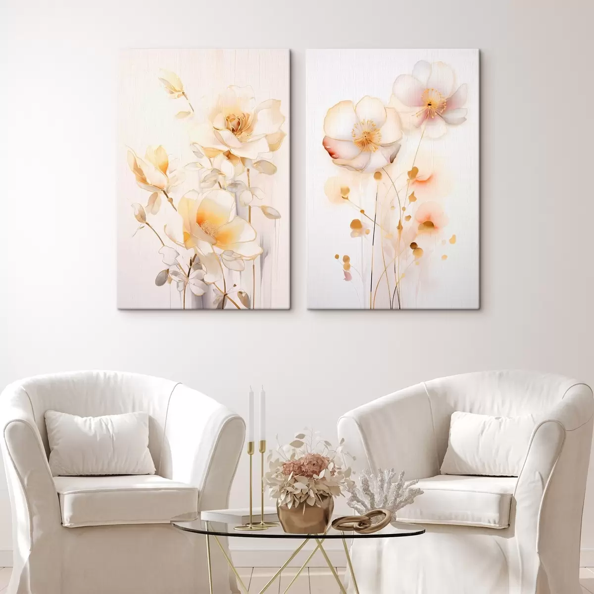 Fototapete Blumenduett: zartes Diptychon im Aquarellstil mit eleganten Linien m00577