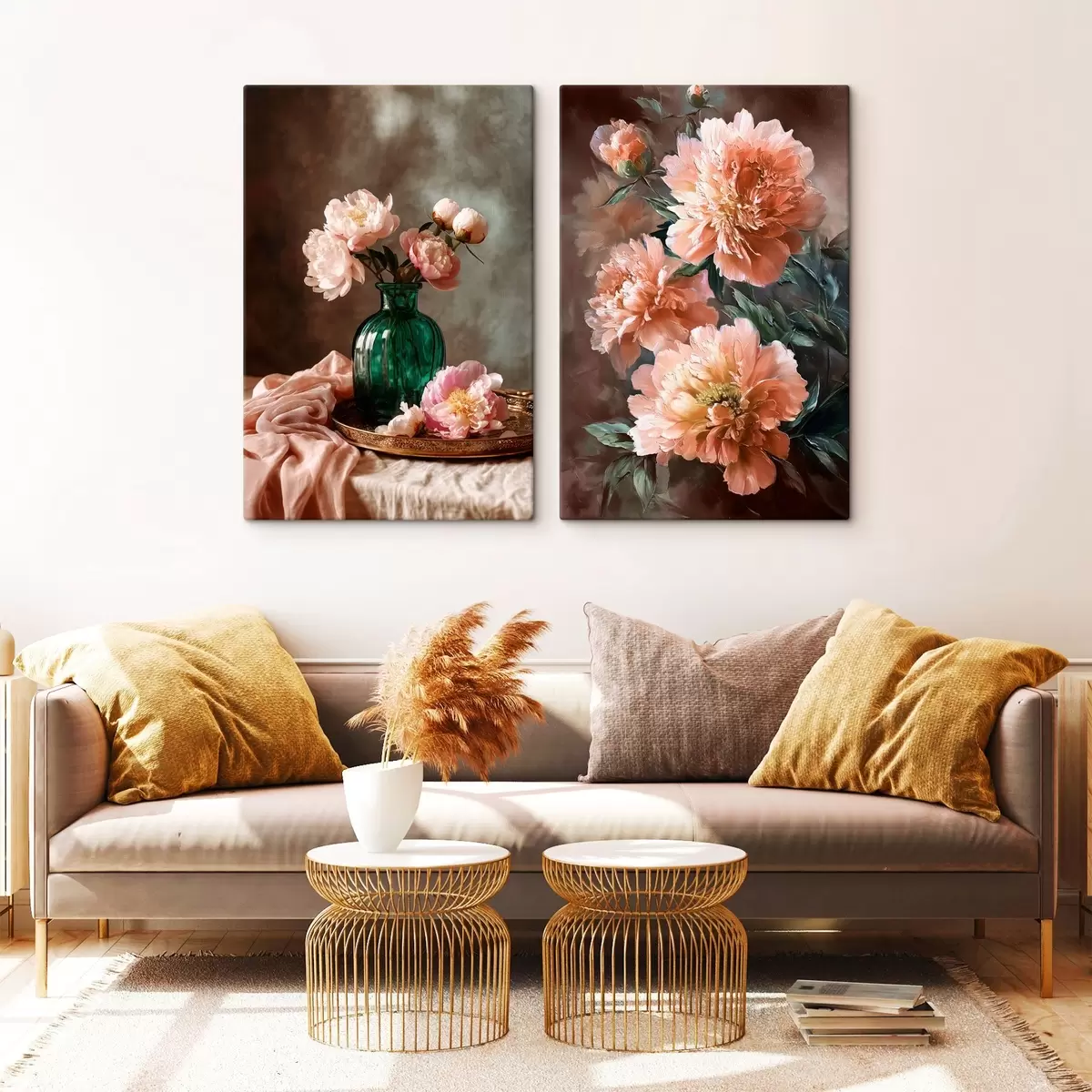 Fototapete Gepaart Zusammensetzung mit rosa Pfingstrosen in einer Vase und auf Leinwand m00578