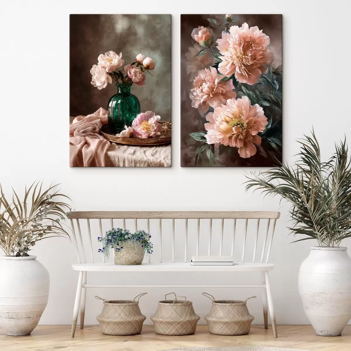 Fototapete Gepaart Zusammensetzung mit rosa Pfingstrosen in einer Vase und auf Leinwand m00578